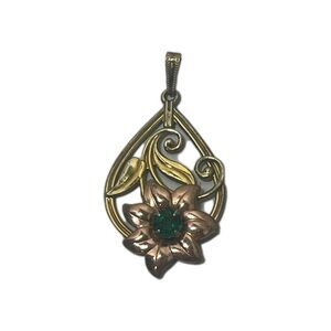 Vintage Harry Iskin Floral Teardrop Pendant With Green Stone 1/20 10K GF Flower